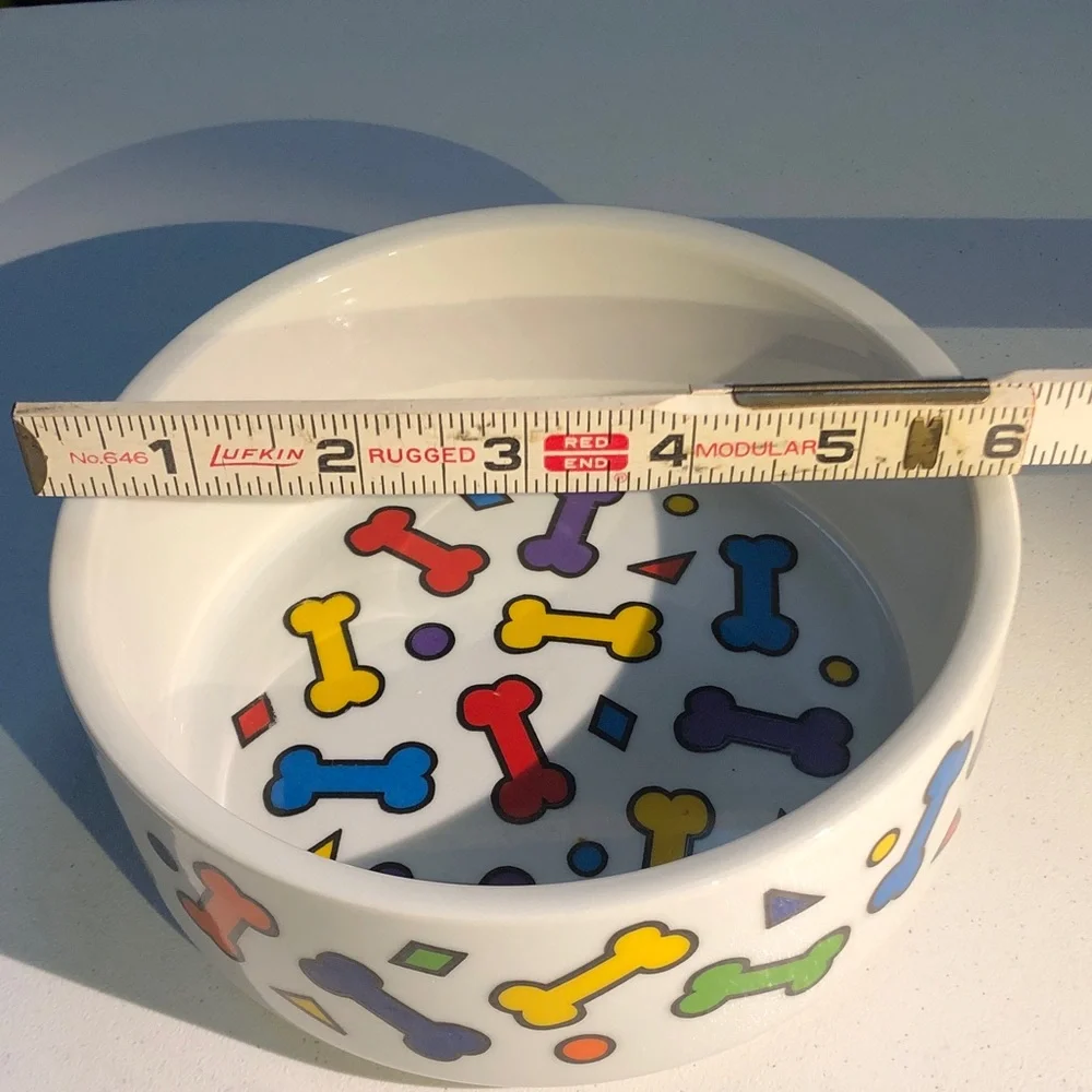 Ceramic large Dog Bowl with Colorful Bone Pattern - White